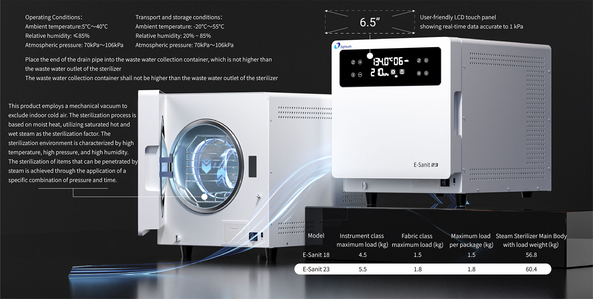 E-Sanit ავტოკლავის chamber, vacuum და დატვირთვის მონაცემები