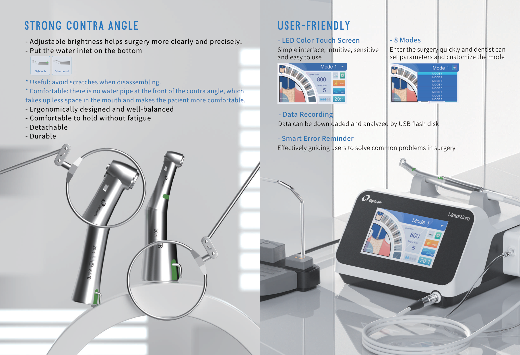 MotorSurg contra-angle და ფერადი სენსორული ეკრანის ინტერფეისი