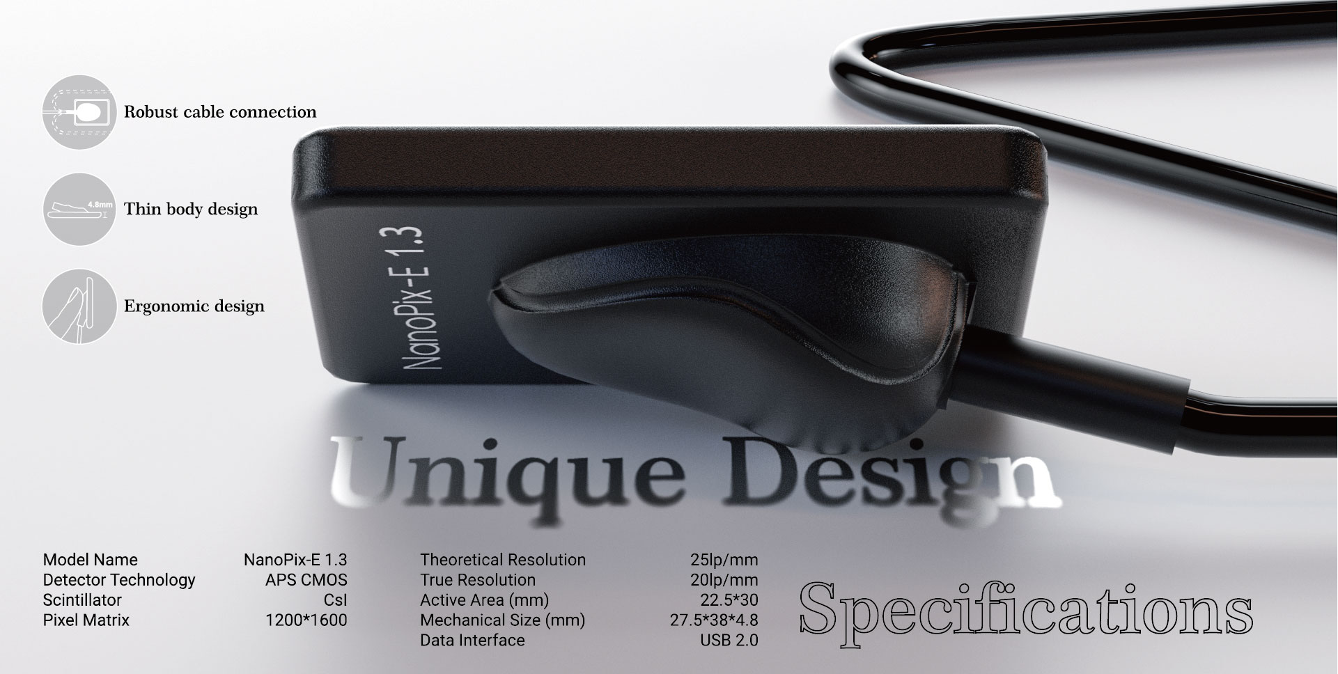 NanoPix-E 1.3 specifications, ergonomic design და USB 2.0